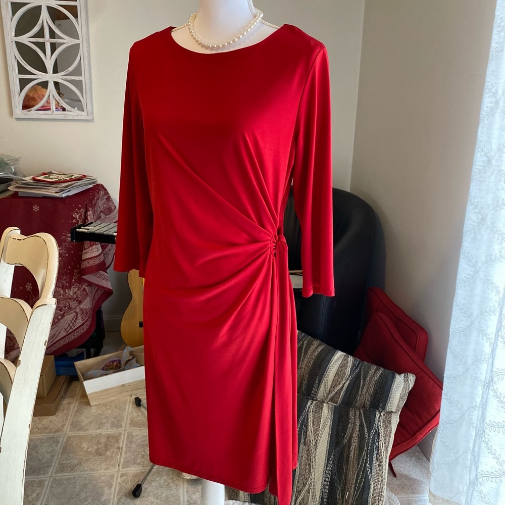Long sleeve red dress . Classy casual,side sash. MIDI for petite.